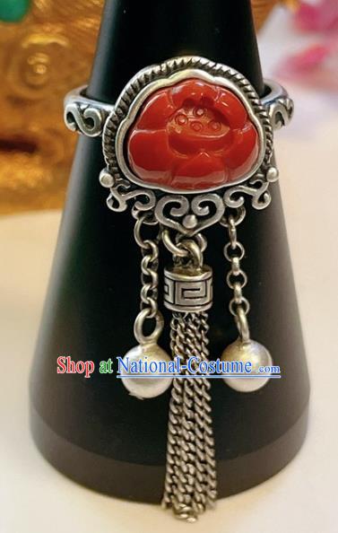 Top Chinese National Silver Tassel Ring Jewelry Traditional Handmade Accessories Wedding Red Jade Lotus Circlet