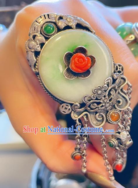 Top Chinese National Jade Ring Jewelry Traditional Handmade Accessories Wedding Silver Carving Bat Circlet