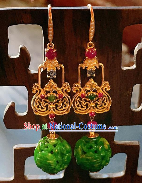 Chinese National Jadeite Carving Earrings Traditional Jewelry Handmade Tourmaline Ear Accessories