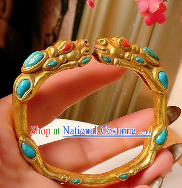 Handmade Chinese National Kallaite Bracelet Accessories Traditional Culture Jewelry Gilding Dragon Head Bangle