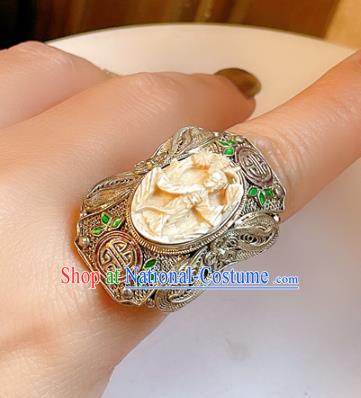 Top Chinese National Carving Beauty Ring Jewelry Traditional Handmade Accessories Silver Circlet