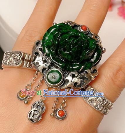 Top Chinese National Silver Carving Ring Jewelry Traditional Handmade Accessories Jadeite Rose Circlet