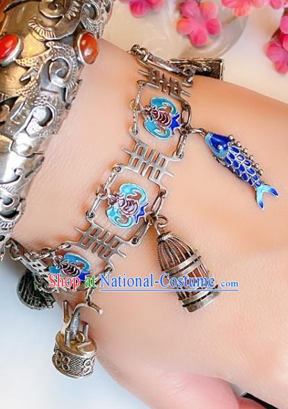 Handmade Chinese Cloisonne Fish Bat Bracelet Accessories Traditional Culture Jewelry Silver Bangle