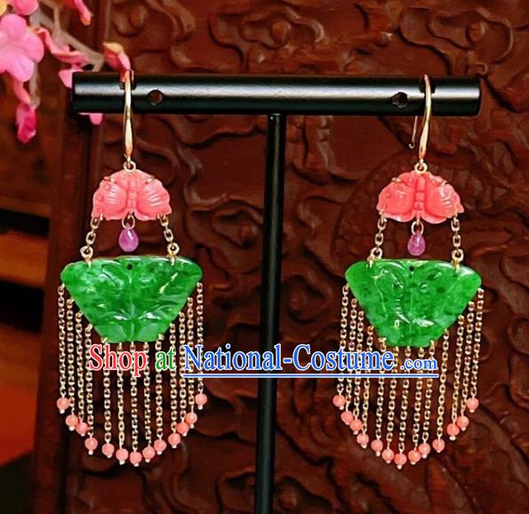 Chinese National Red Beads Tassel Earrings Traditional Jewelry Handmade Wedding Jadeite Butterfly Ear Accessories