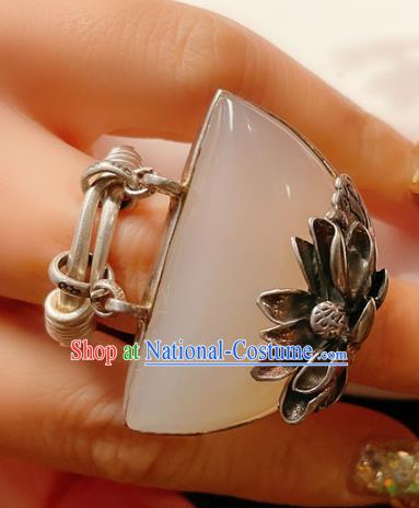 Top Chinese National Silver Lotus Ring Jewelry Traditional Handmade Accessories Hetian Jade Circlet