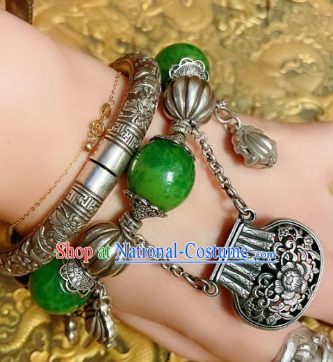 Handmade Chinese Jadeite Beads Bracelet Accessories Traditional Culture Jewelry Silver Carving Bangle