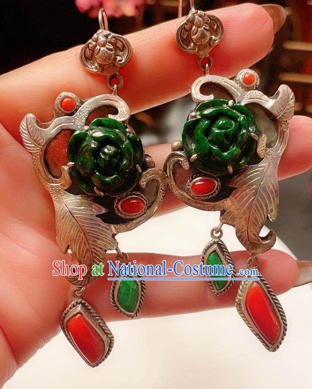 Chinese National Agate Silver Earrings Traditional Jewelry Handmade Wedding Jadeite Rose Ear Accessories