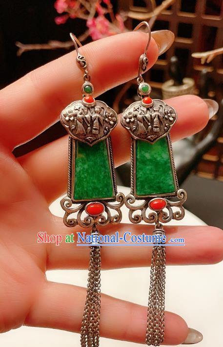 Chinese National Silver Carving Tassel Earrings Traditional Jewelry Handmade Wedding Jadeite Ear Accessories