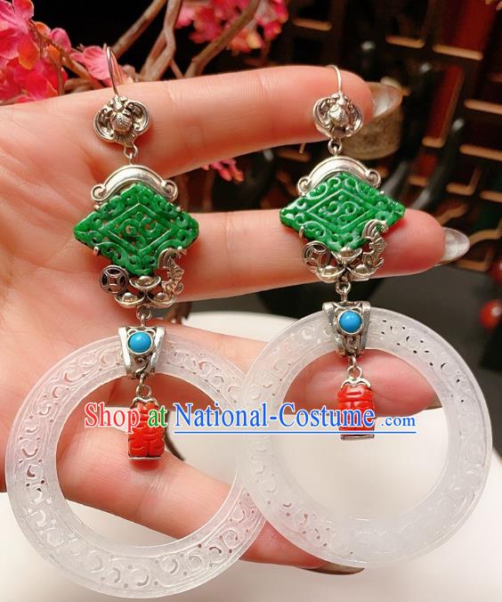 Chinese National Hetian Jade Earrings Traditional Jewelry Handmade Wedding Silver Bat Ear Accessories