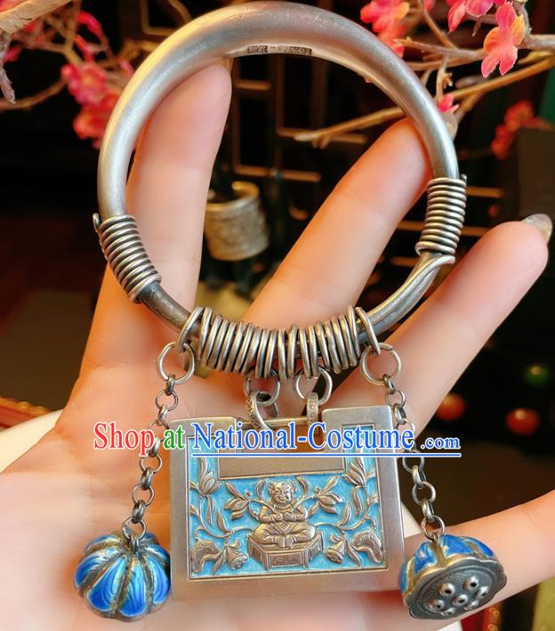 Handmade Chinese Blueing Lock Bracelet Accessories Traditional Culture Jewelry National Silver Carving Bangle