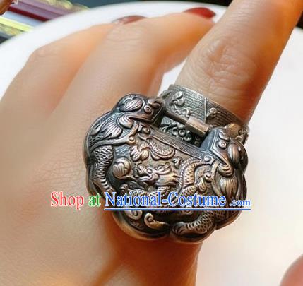 Chinese National Carving Dragon Ring Jewelry Traditional Handmade Accessories Retro Silver Circlet