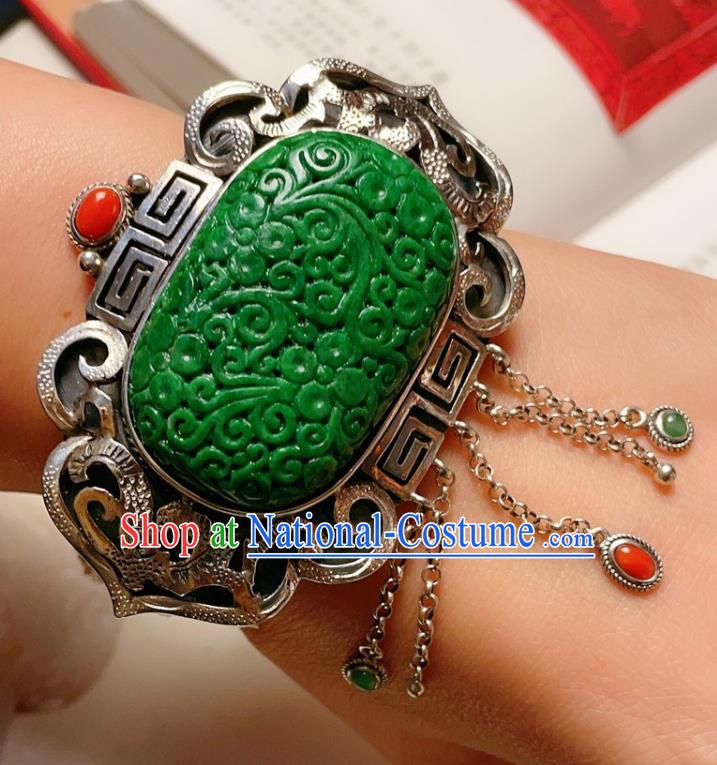 Handmade Chinese National Silver Bracelet Accessories Traditional Culture Jewelry Jadeite Carving Bangle