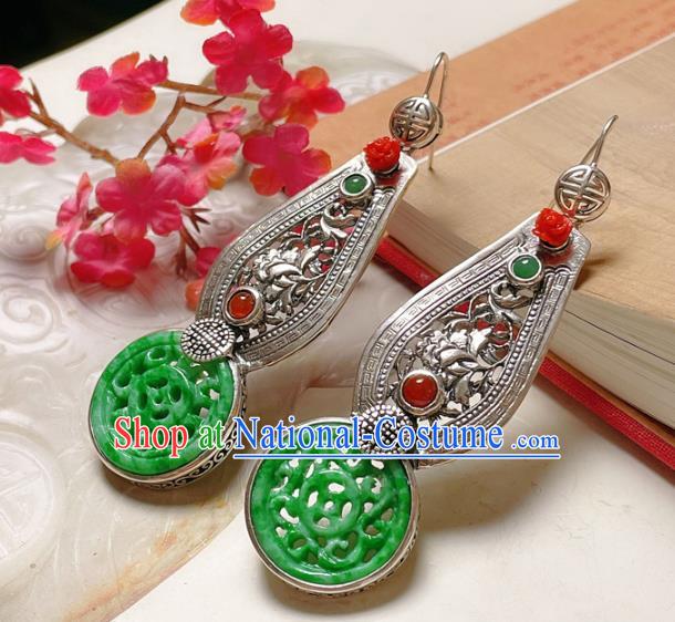 Chinese National Silver Earrings Traditional Jewelry Handmade Wedding Jadeite Ear Accessories