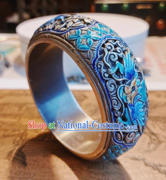 Handmade Chinese Blueing Silver Bracelet Accessories Traditional Culture Jewelry National Carving Dragon Bangle