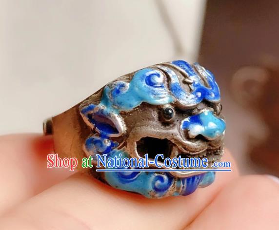 Chinese National Blueing Silver Ring Jewelry Traditional Handmade Accessories Retro Carving Lion Circlet