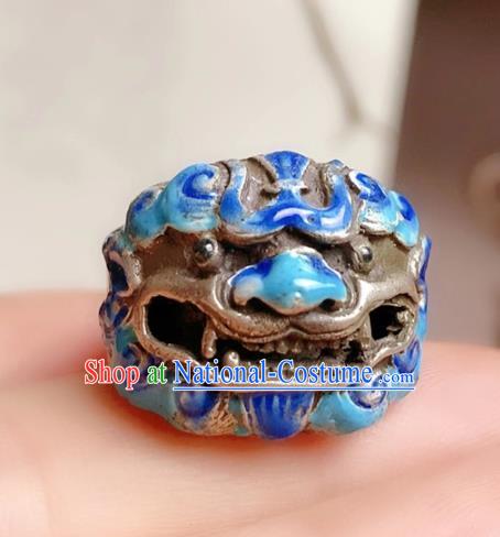 Chinese National Blueing Silver Ring Jewelry Traditional Handmade Accessories Retro Carving Lion Circlet