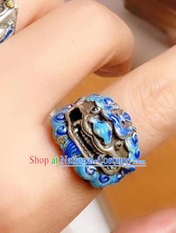 Chinese National Blueing Silver Ring Jewelry Traditional Handmade Accessories Retro Carving Lion Circlet