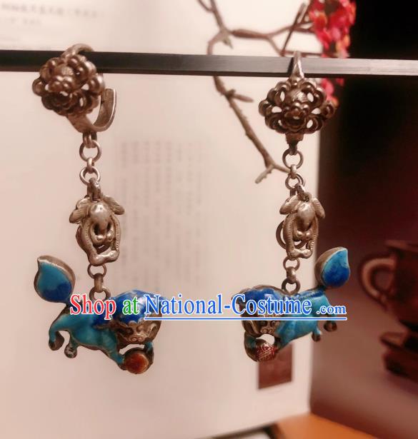 Chinese National Blueing Lion Earrings Traditional Jewelry Handmade Silver Ear Accessories