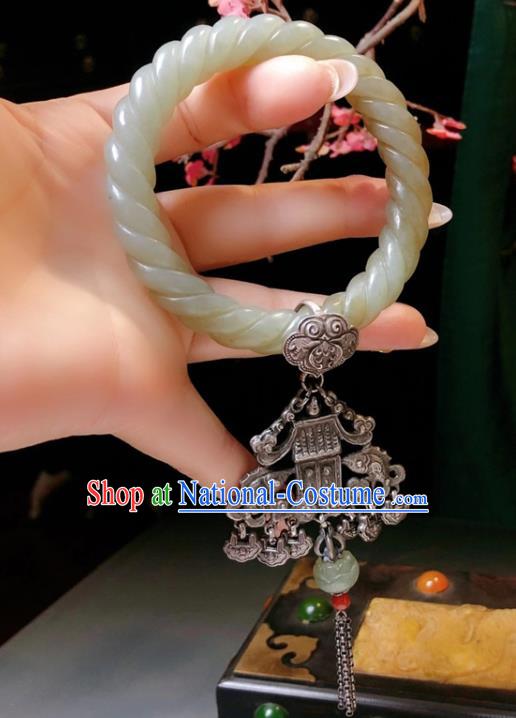 Handmade Chinese Hetian Jade Bracelet Accessories Traditional Culture Jewelry National Silver Pendant Bangle