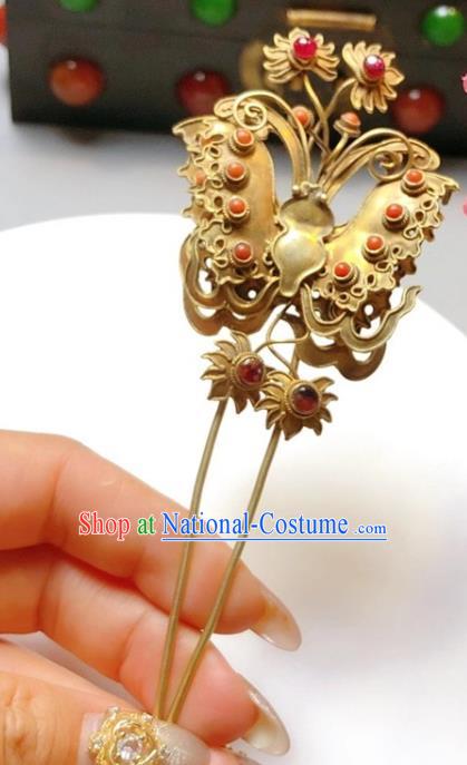 China Classical Ruby Hairpin Traditional Hair Accessories Handmade Qing Dynasty Golden Butterfly Hair Stick