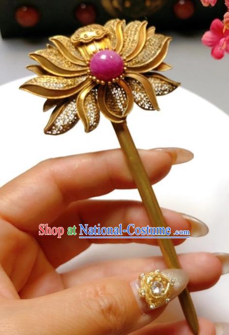 China Traditional Hair Accessories Handmade Qing Dynasty Filigree Lotus Hair Stick Classical Ruby Hairpin