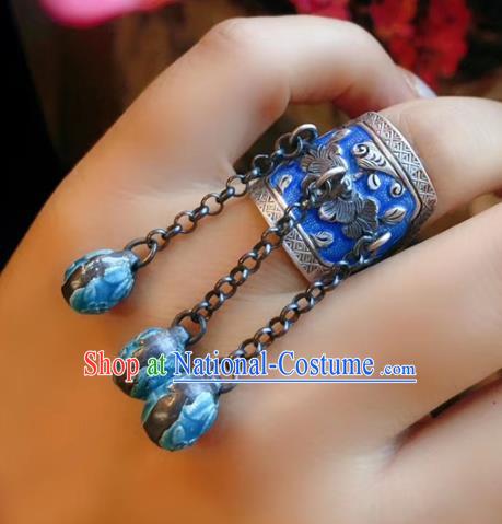 Chinese National Blueing Tassel Ring Jewelry Traditional Handmade Accessories Silver Circlet