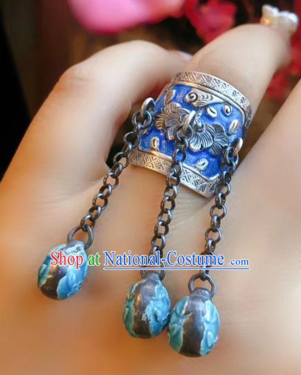 Chinese National Blueing Tassel Ring Jewelry Traditional Handmade Accessories Silver Circlet