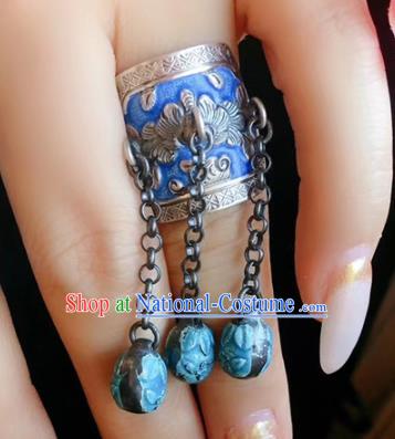 Chinese National Blueing Tassel Ring Jewelry Traditional Handmade Accessories Silver Circlet