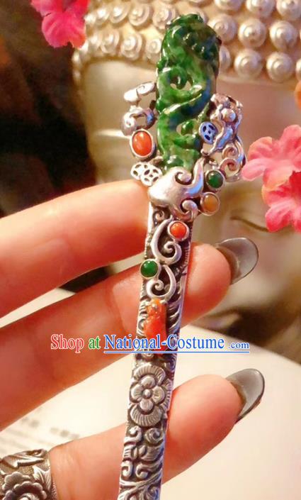 China Traditional Jadeite Hair Accessories Handmade Qing Dynasty Silver Hair Stick Classical Gems Hairpin