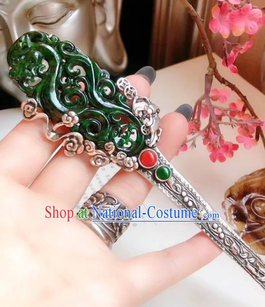 China Traditional Jadeite Dragon Hairpin Hair Accessories Handmade Qing Dynasty Silver Hair Stick