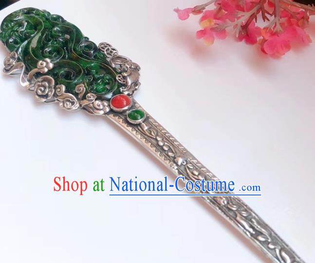 China Traditional Jadeite Dragon Hairpin Hair Accessories Handmade Qing Dynasty Silver Hair Stick