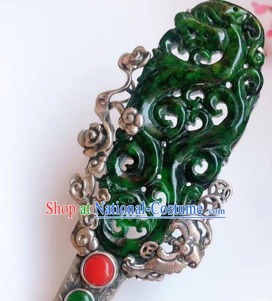 China Traditional Jadeite Dragon Hairpin Hair Accessories Handmade Qing Dynasty Silver Hair Stick