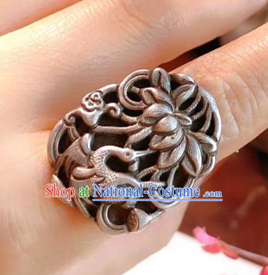 Chinese National Carving Crane Lotus Ring Jewelry Traditional Handmade Accessories Silver Circlet