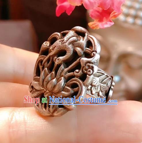 Chinese National Carving Crane Lotus Ring Jewelry Traditional Handmade Accessories Silver Circlet