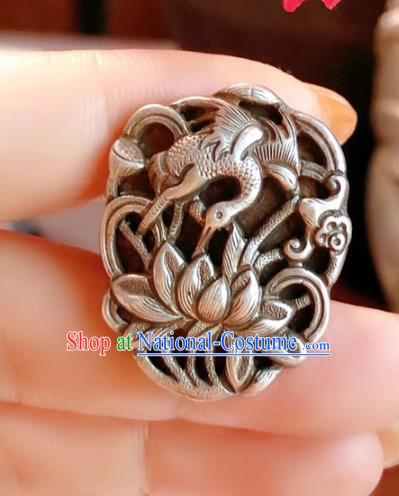 Chinese National Carving Crane Lotus Ring Jewelry Traditional Handmade Accessories Silver Circlet