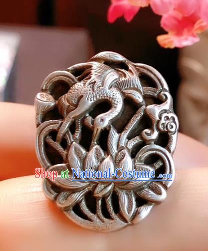 Chinese National Carving Crane Lotus Ring Jewelry Traditional Handmade Accessories Silver Circlet