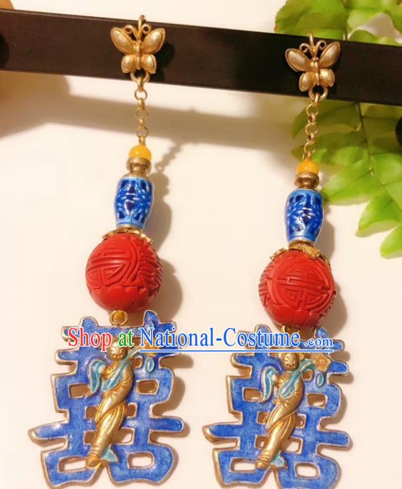 Chinese National Wedding Blueing Earrings Traditional Jewelry Handmade Carved Lacquerware Ear Accessories