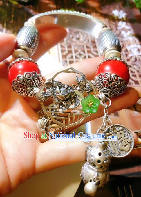 China Traditional Silver Bracelet Handmade National Cinnabar Bangle Accessories