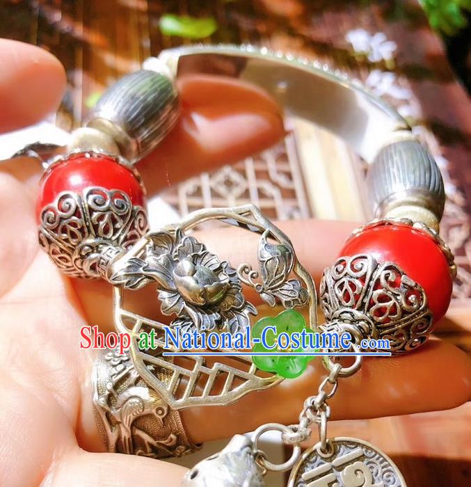 China Traditional Silver Bracelet Handmade National Cinnabar Bangle Accessories