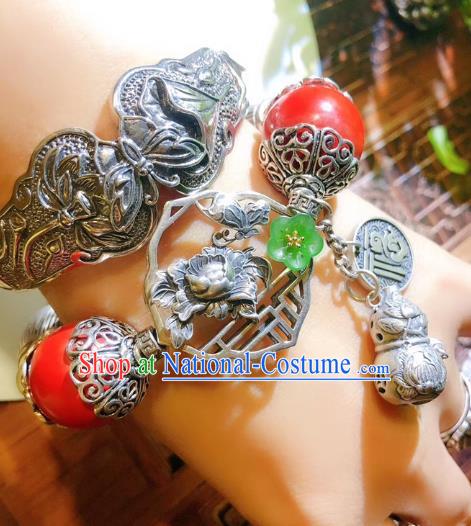 China Traditional Silver Bracelet Handmade National Cinnabar Bangle Accessories