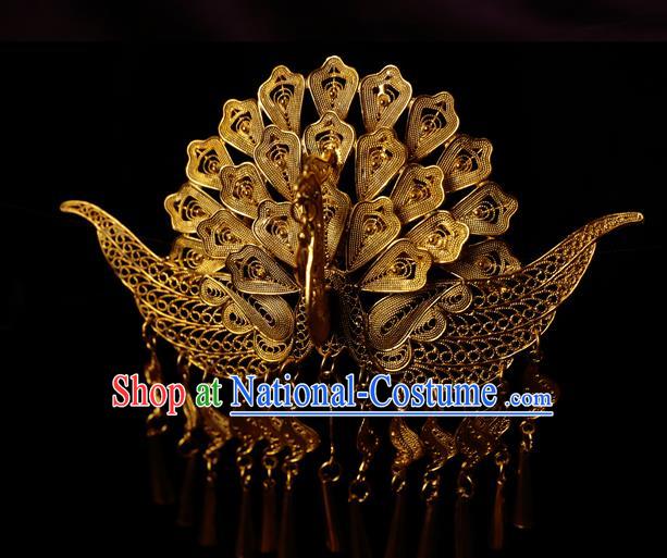 China Handmade Ming Dynasty Tassel Hairpin Traditional Hair Accessories Ancient Empress Golden Phoenix Hair Crown