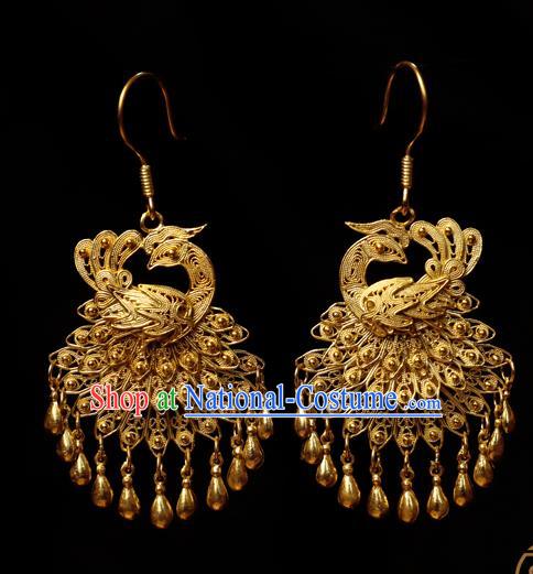 Chinese Traditional Hanfu Golden Peacock Earrings Accessories Ancient Queen Tassel Ear Jewelry