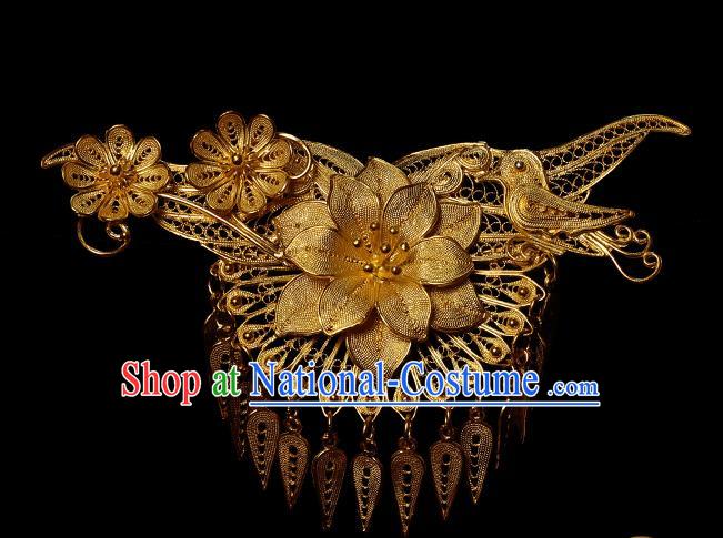 China Handmade Ming Dynasty Golden Tassel Hairpin Traditional Hair Accessories Ancient Empress Lotus Hair Stick