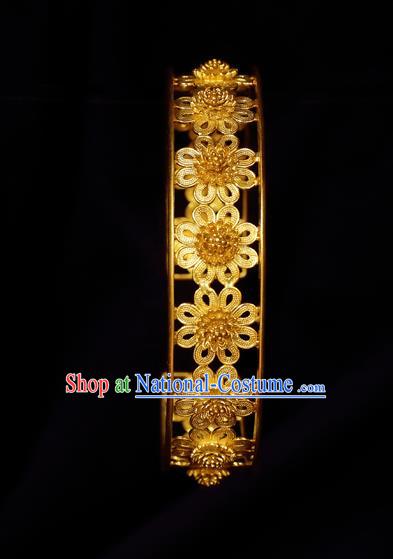 Handmade Chinese Carving Flower Golden Bracelet Accessories Traditional Qing Dynasty Palace Bangle Jewelry