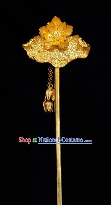 China Handmade Golden Lotus Tassel Hairpin Traditional Cheongsam Hair Accessories