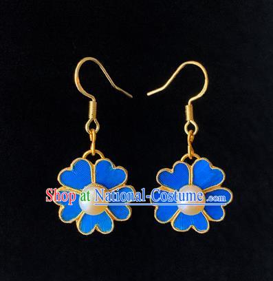 Chinese National Pearl Ear Accessories Traditional Cheongsam Blue Flower Earrings Jewelry