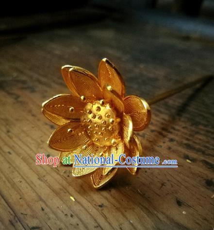 China Handmade Golden Lotus Hair Stick Ming Dynasty Court Lady Hairpin Traditional Hair Accessories