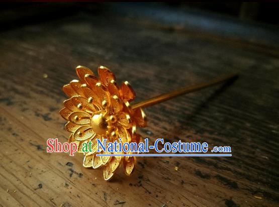 China Ancient Ming Dynasty Court Lady Hairpin Traditional Hair Accessories Handmade Golden Hibiscus Hair Stick