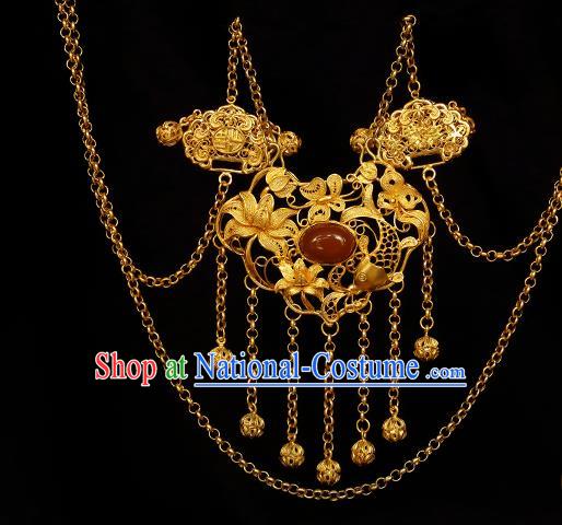 China Traditional Hanfu Agate Necklace Accessories Ancient Princess Golden Lotus Lock Necklet Pendant