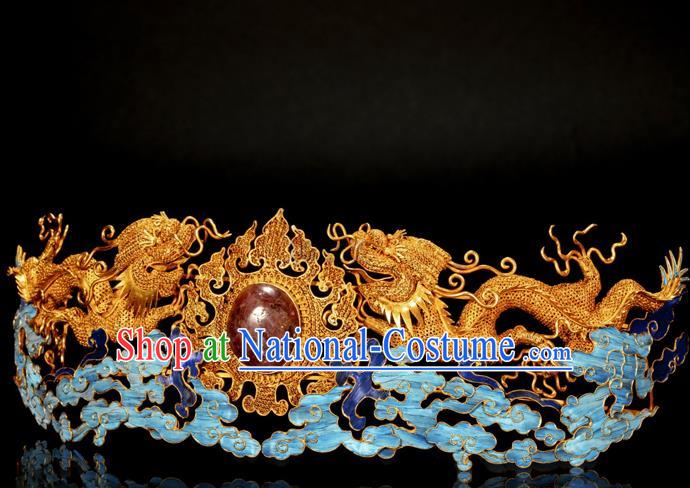 China Traditional Handmade Hair Accessories Ancient Ming Dynasty Empress Golden Dragon Hair Crown